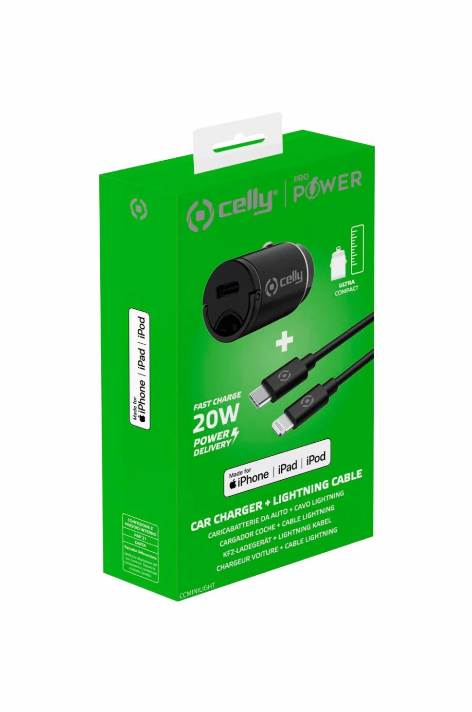 Celly Biloplader Mini USB-C PD 20W + USB-C til Lightning-kabel