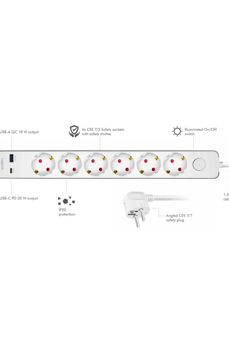LogiLink Forlængerledning 6-vejs + USB-A/USB-C
