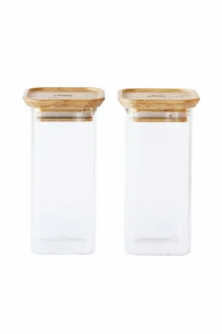 Pebbly Sæt med 2 firkantede glasbokse S med bambuslåg - 320 ml